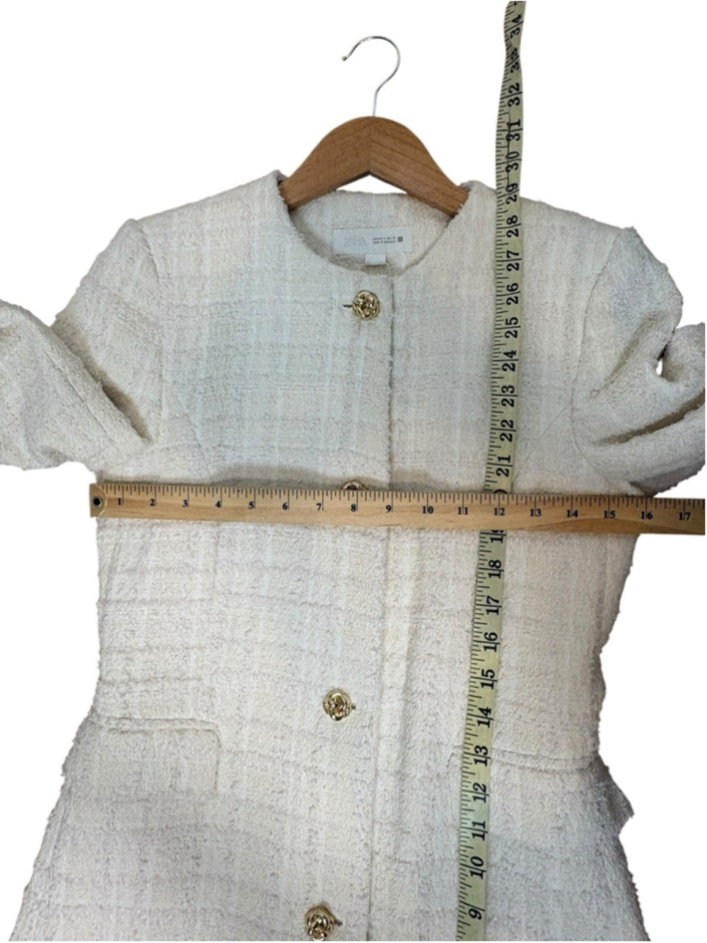 Zara Tweed Bouclé Blazer Jacket Ivory Cream Longline Gold Buttons Size S - Picture 7 of 12